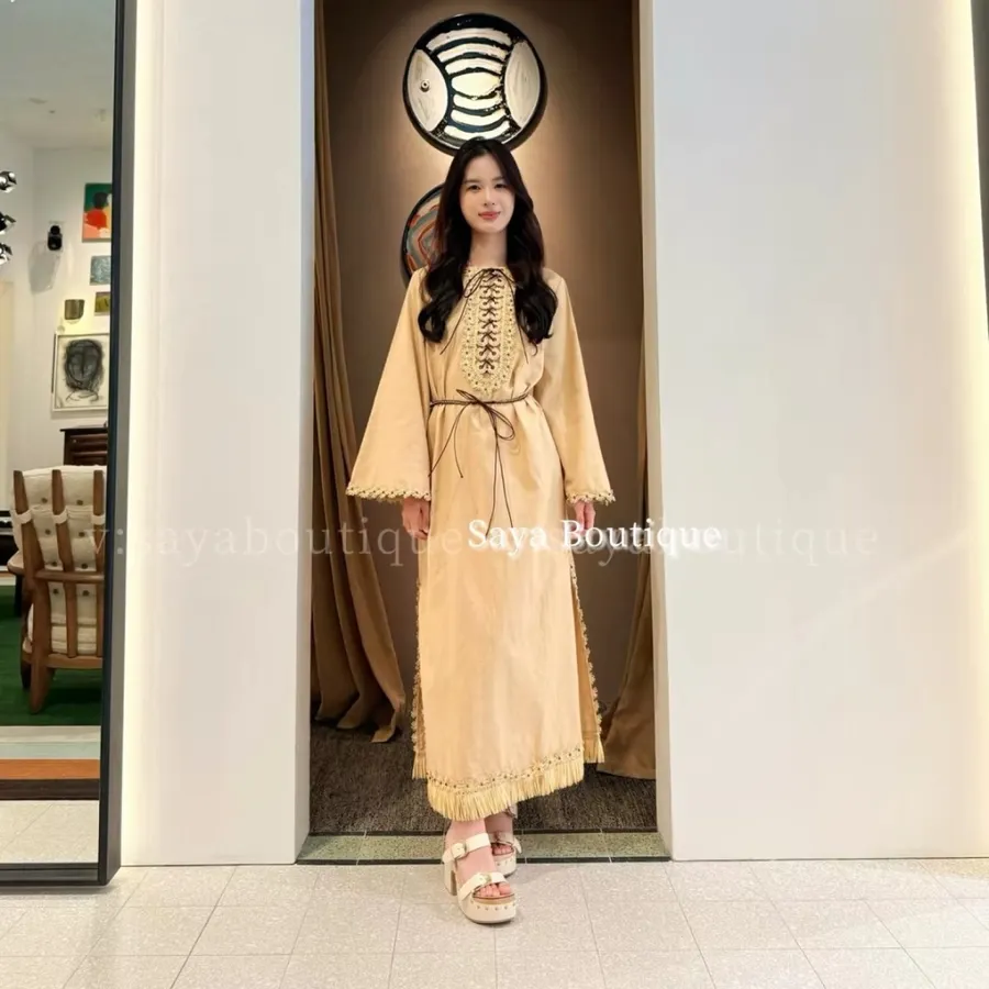 Beige Organic-Cotton Bell-Sleeve Dress in Beige, product view 02