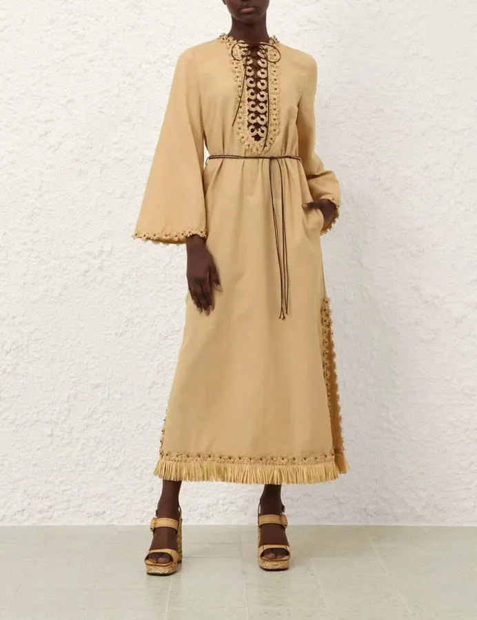 Beige Organic-Cotton Bell-Sleeve Dress in Beige, product view 04