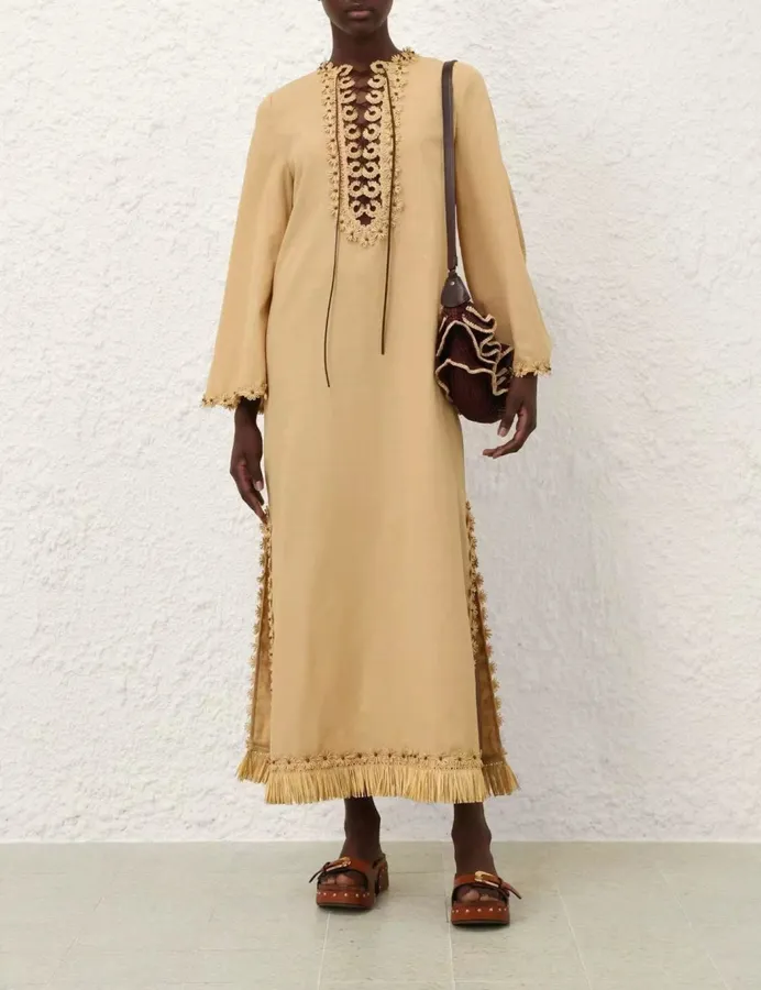 Beige Organic-Cotton Bell-Sleeve Dress in Beige, product view 06