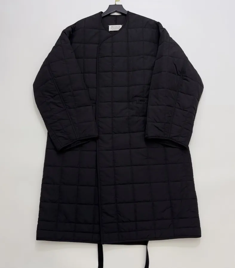 Black Collarless Quilted Long Coat in Black, product view 01