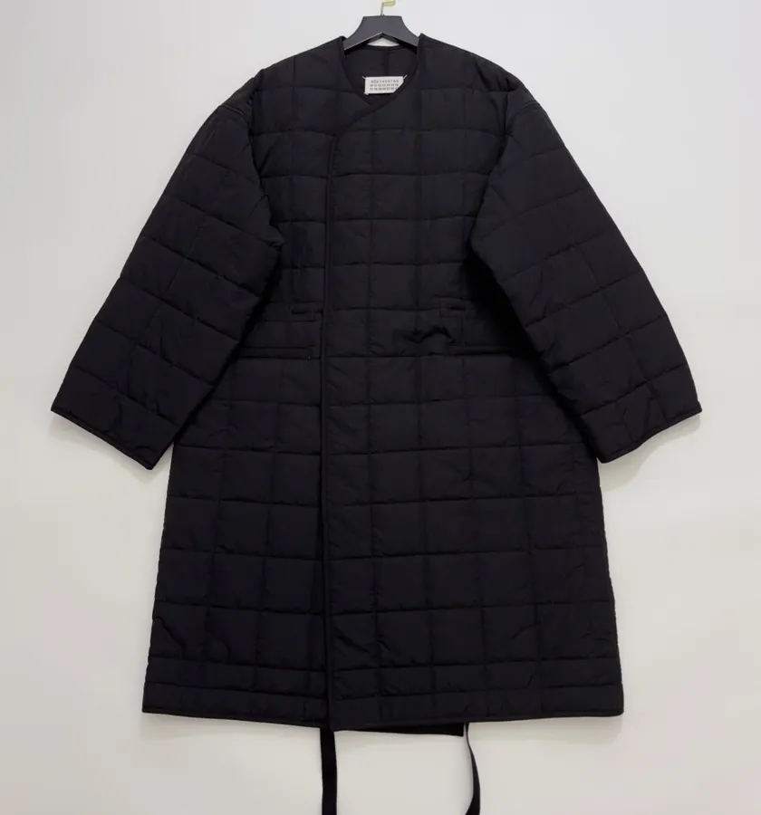 Black Collarless Quilted Long Coat in Black, product view 02