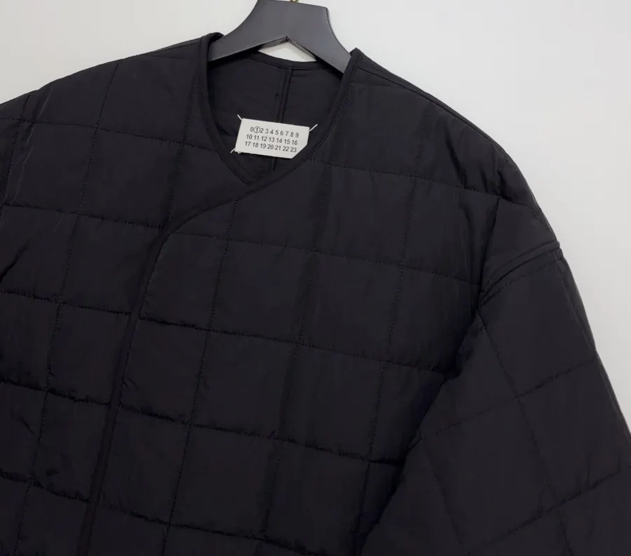 Black Collarless Quilted Long Coat in Black, product view 03