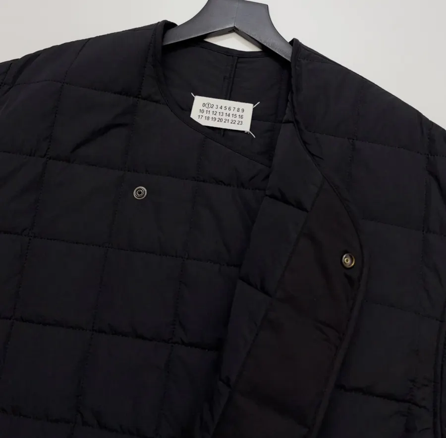 Black Collarless Quilted Long Coat in Black, product view 04
