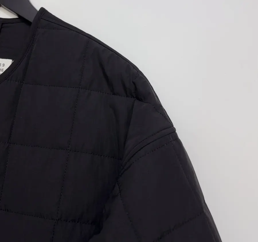 Black Collarless Quilted Long Coat in Black, product view 05