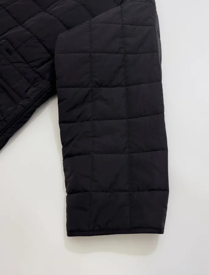 Black Collarless Quilted Long Coat in Black, product view 06