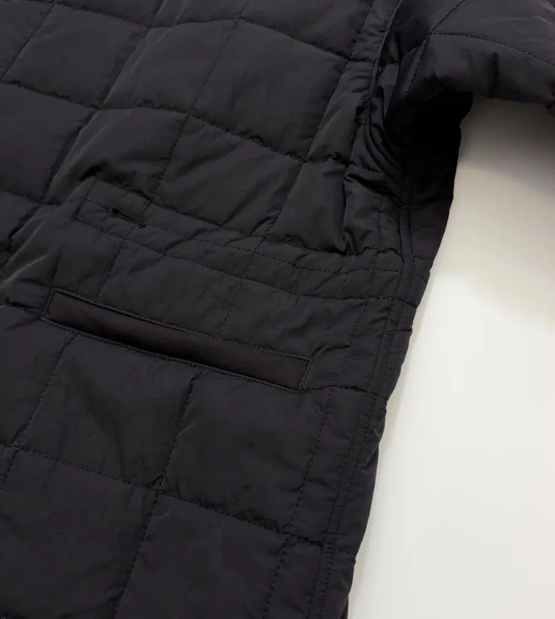 Black Collarless Quilted Long Coat in Black, product view 08