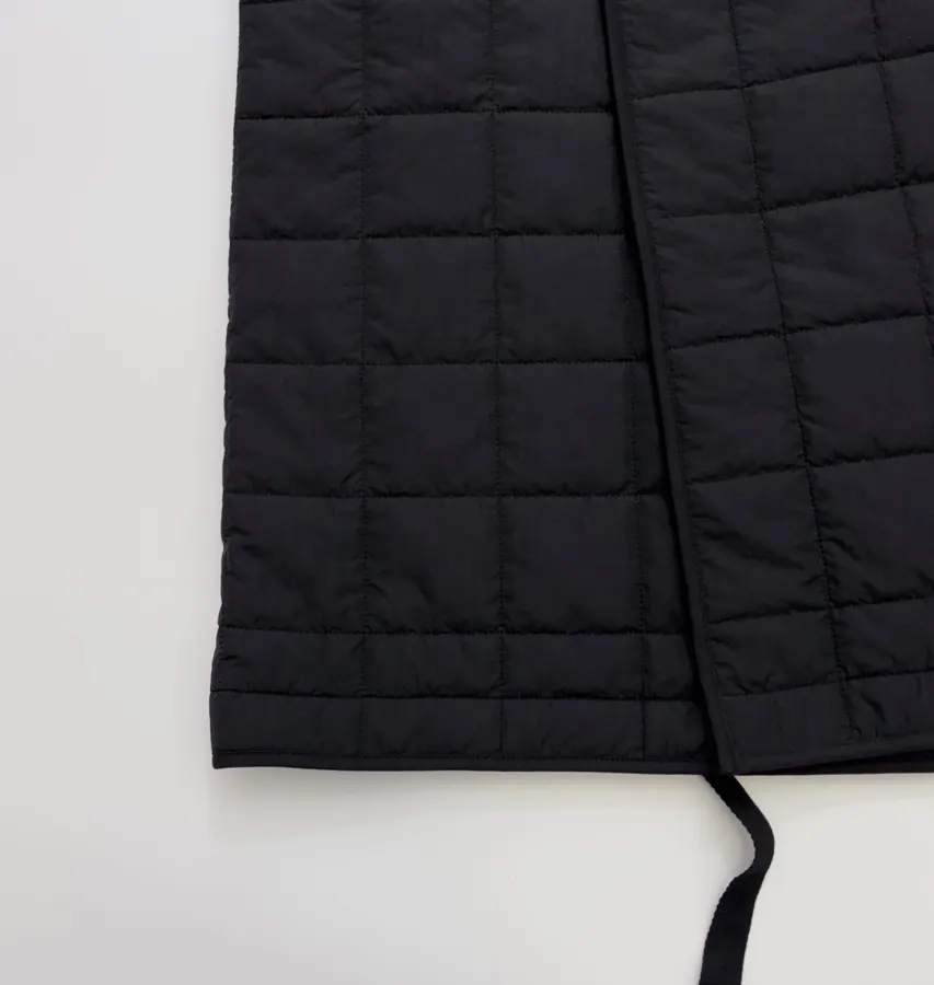 Black Collarless Quilted Long Coat in Black, product view 09