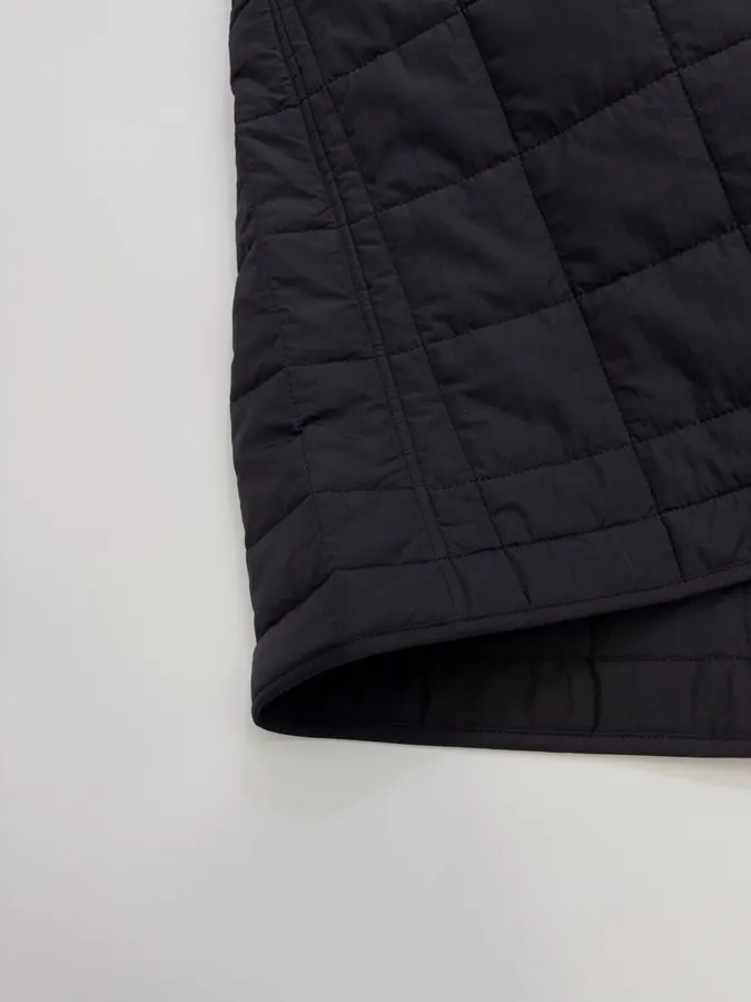 Black Collarless Quilted Long Coat in Black, product view 10
