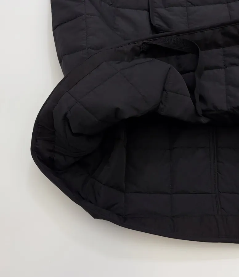 Black Collarless Quilted Long Coat in Black, product view 11