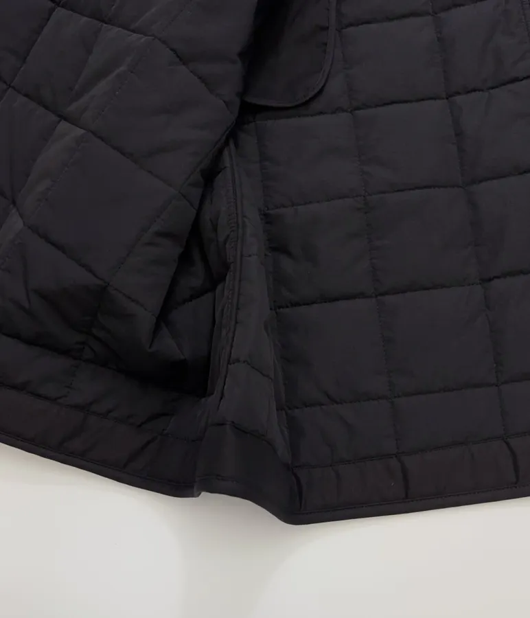 Black Collarless Quilted Long Coat in Black, product view 12