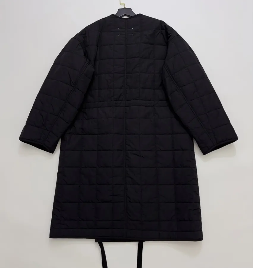 Black Collarless Quilted Long Coat in Black, product view 15