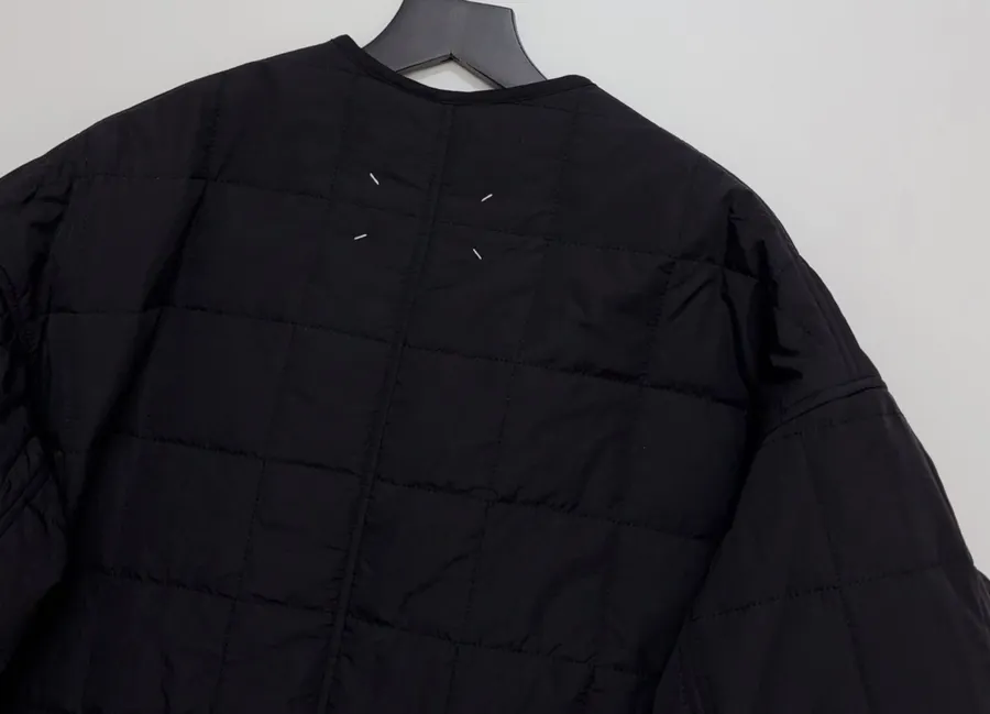 Black Collarless Quilted Long Coat in Black, product view 16