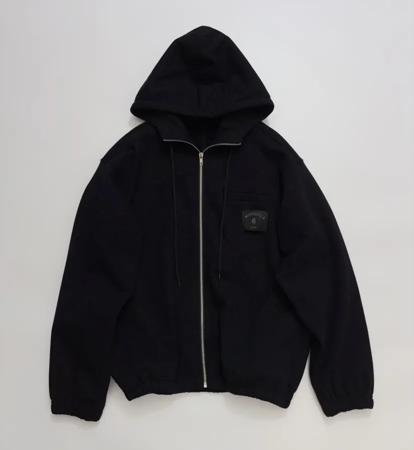 Black Hooded Loose-Fit Zip-Up Sweatshirt in Black, product view 01