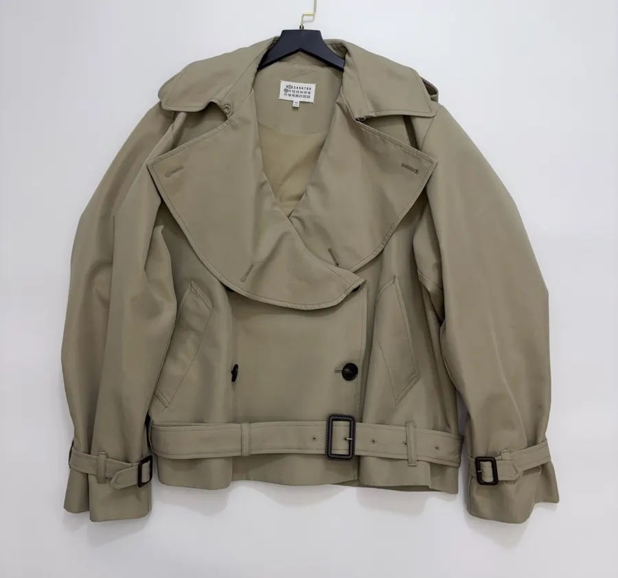 Casual Elegant Silhouette Cropped Double-Breasted Trench Coat, Khaki Color in Khaki, product view