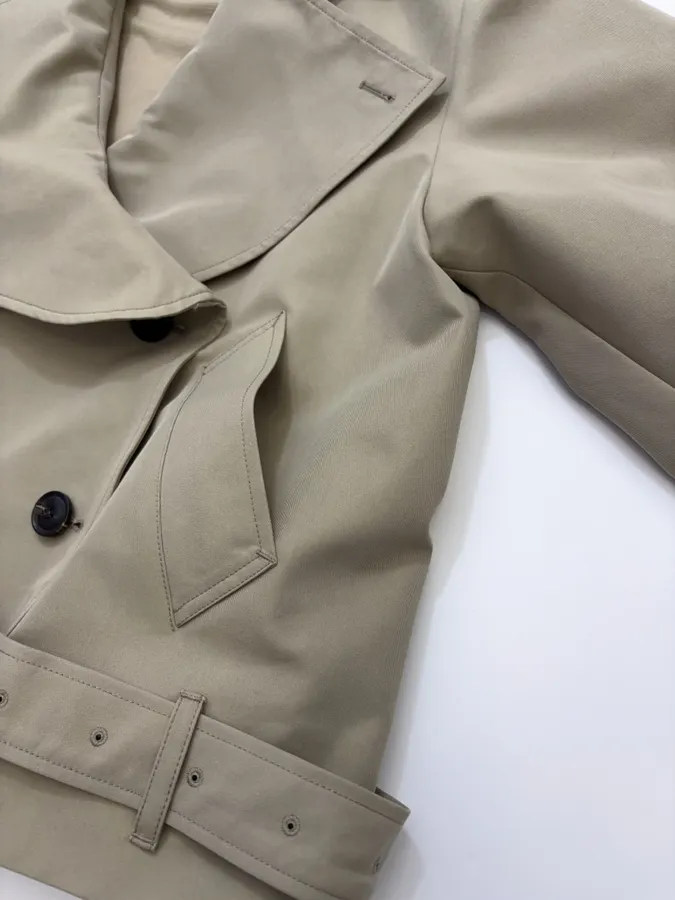 Casual Elegant Silhouette Cropped Double-Breasted Trench Coat, Khaki Color in Khaki, product view 15
