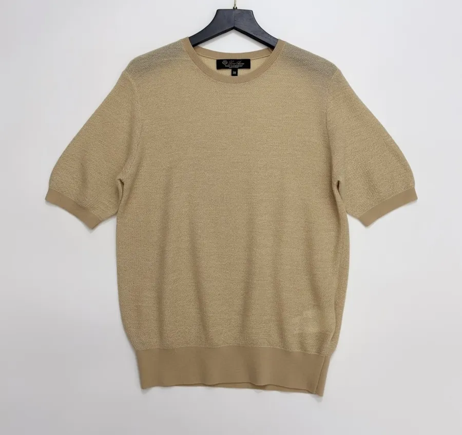 Honeycomb-Weave Cashmere Knitted Round-Neck Short-Sleeve Top in Khaki, product view 01