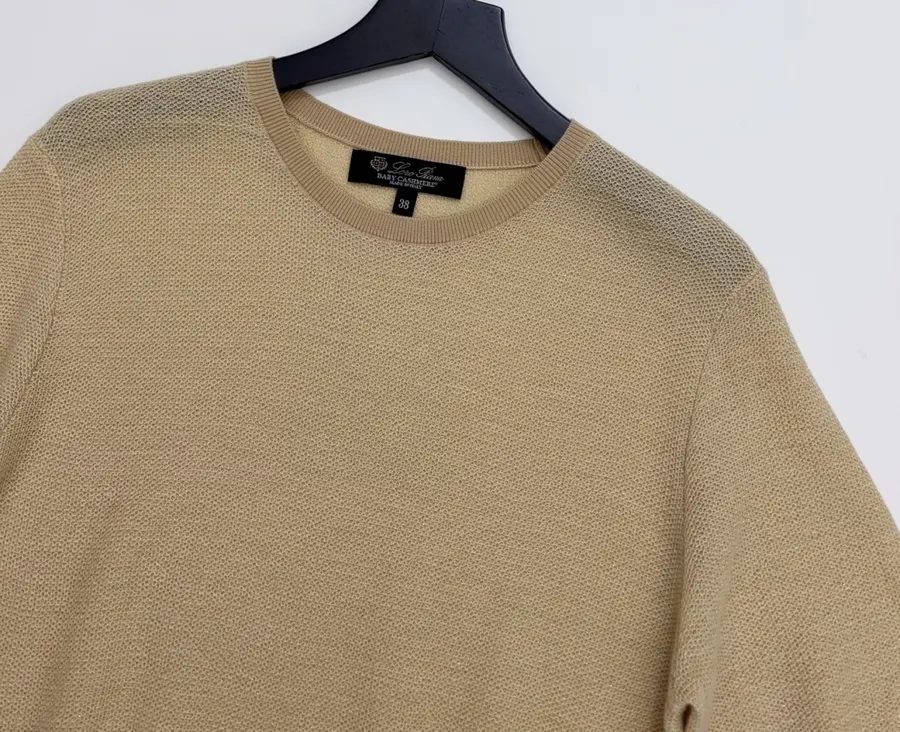 Honeycomb-Weave Cashmere Knitted Round-Neck Short-Sleeve Top in Khaki, product view 02