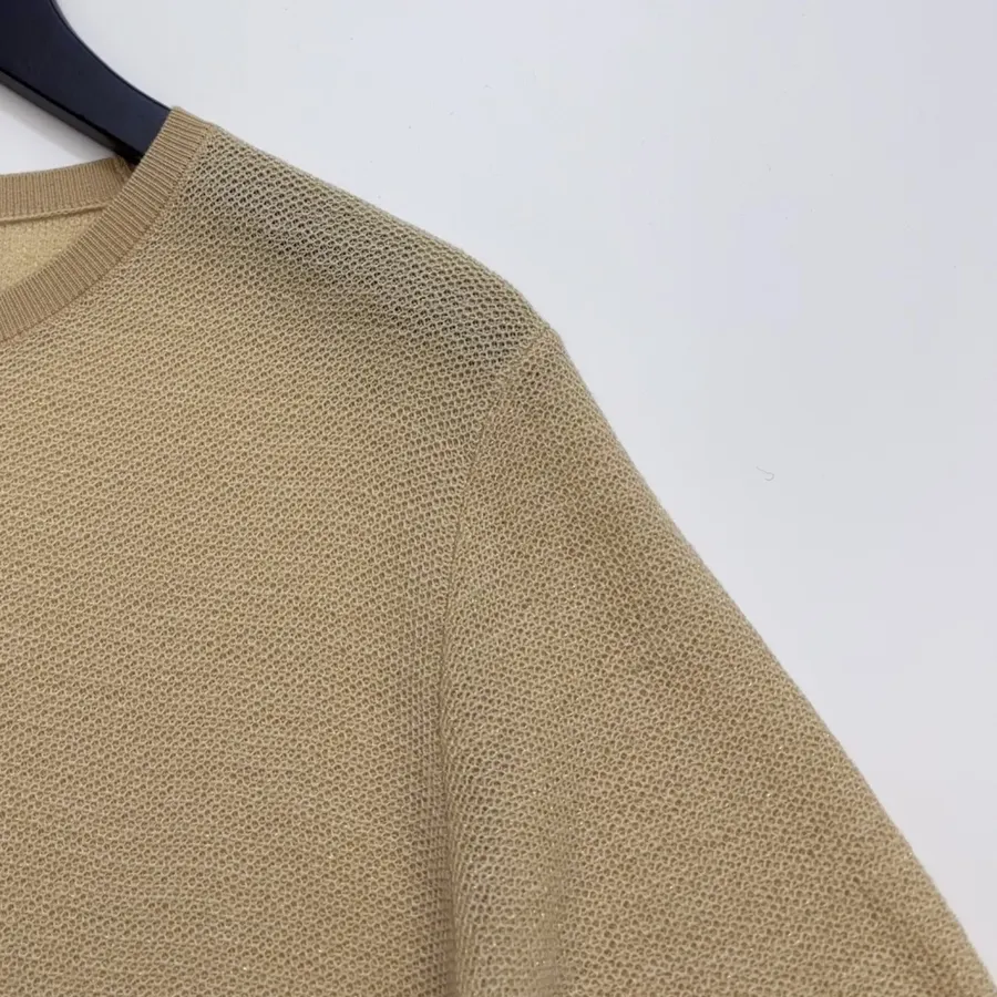 Honeycomb-Weave Cashmere Knitted Round-Neck Short-Sleeve Top in Khaki, product view 03