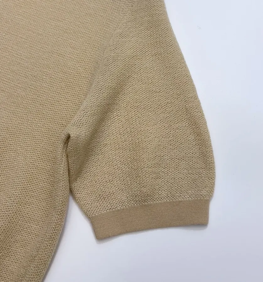 Honeycomb-Weave Cashmere Knitted Round-Neck Short-Sleeve Top in Khaki, product view 04