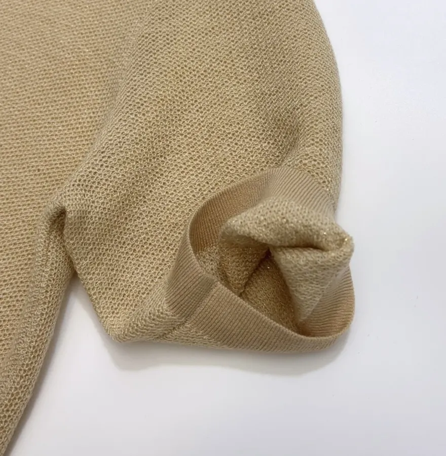 Honeycomb-Weave Cashmere Knitted Round-Neck Short-Sleeve Top in Khaki, product view 05