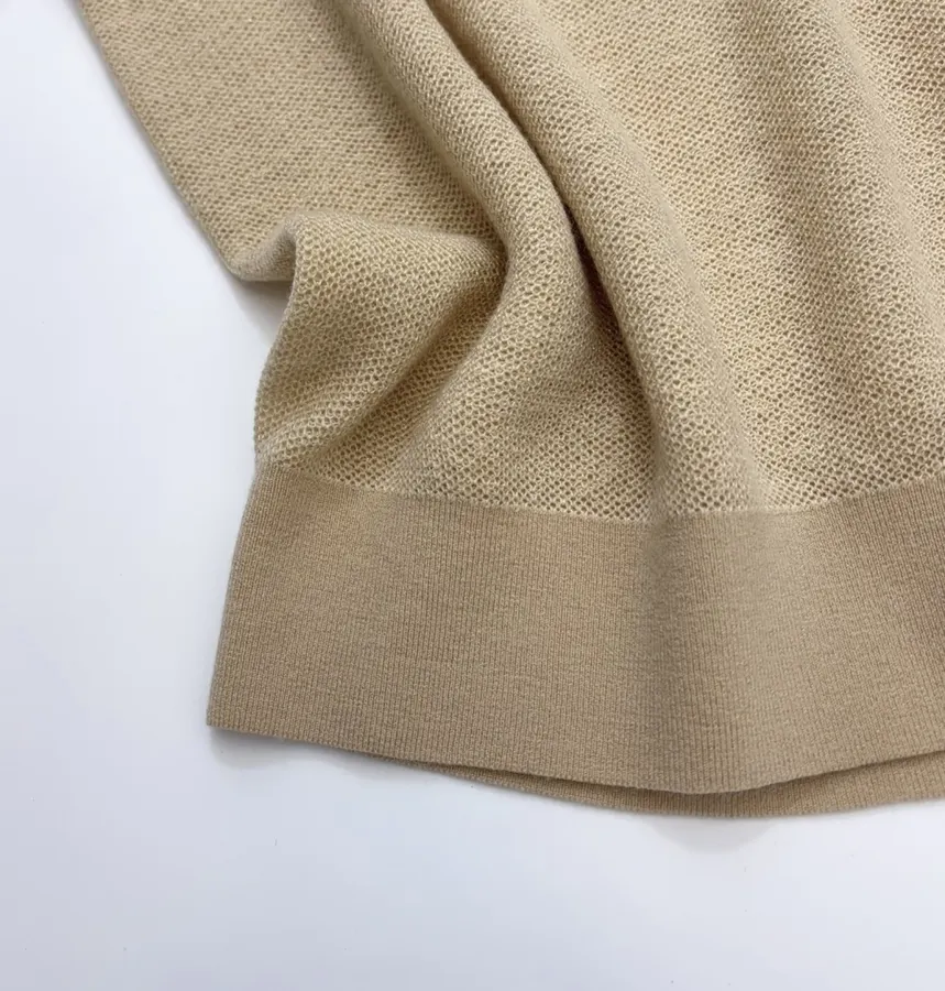 Honeycomb-Weave Cashmere Knitted Round-Neck Short-Sleeve Top in Khaki, product view 07