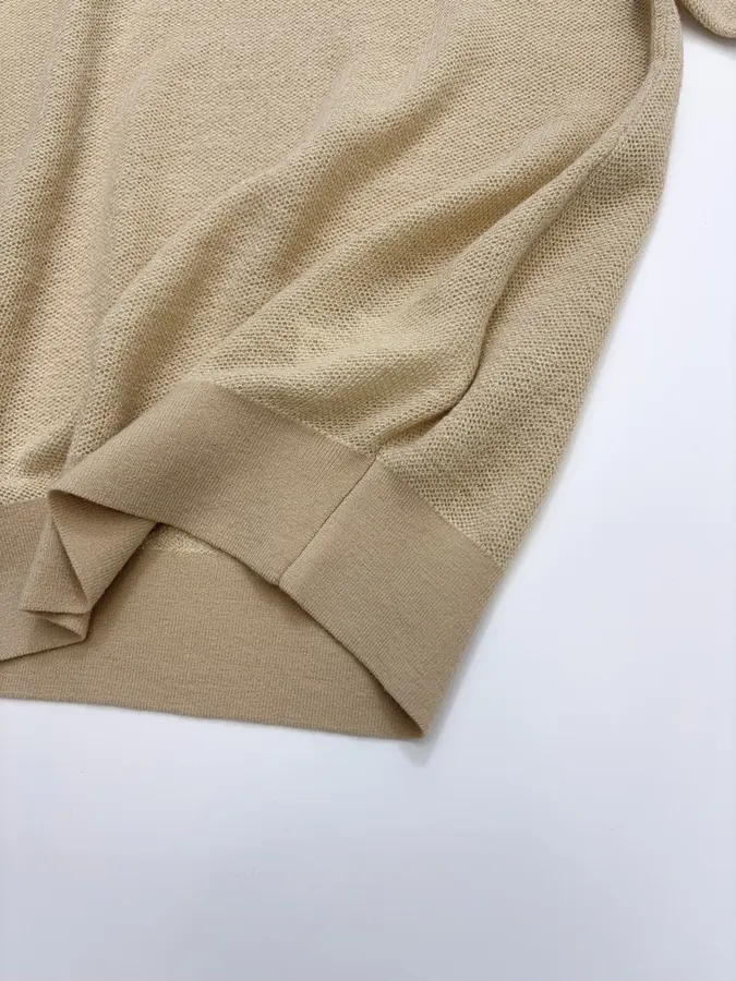 Honeycomb-Weave Cashmere Knitted Round-Neck Short-Sleeve Top in Khaki, product view 10
