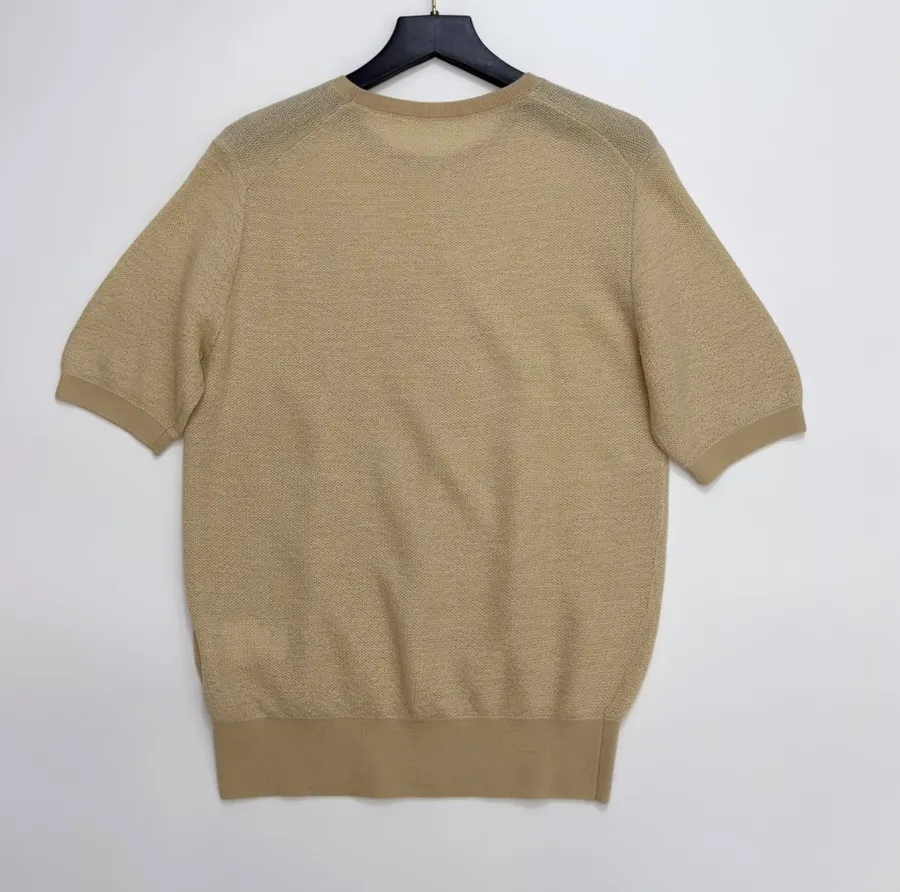Honeycomb-Weave Cashmere Knitted Round-Neck Short-Sleeve Top in Khaki, product view 11
