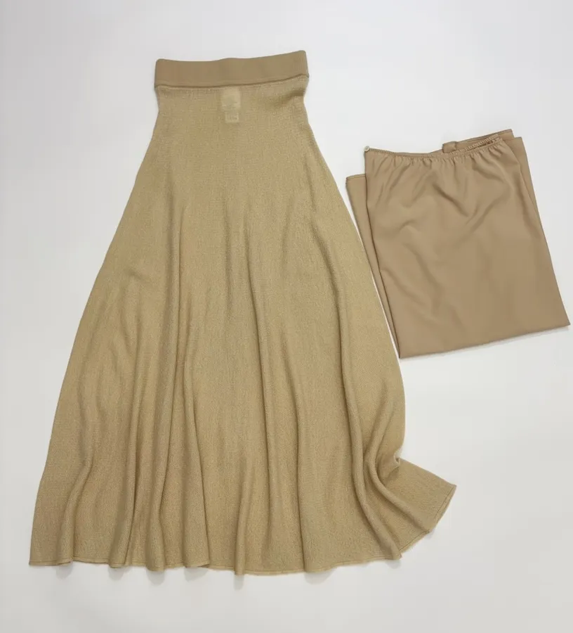 Honeycomb-Weave Cashmere Knitted Stretch Skirt, Long Length in Khaki, product view 01