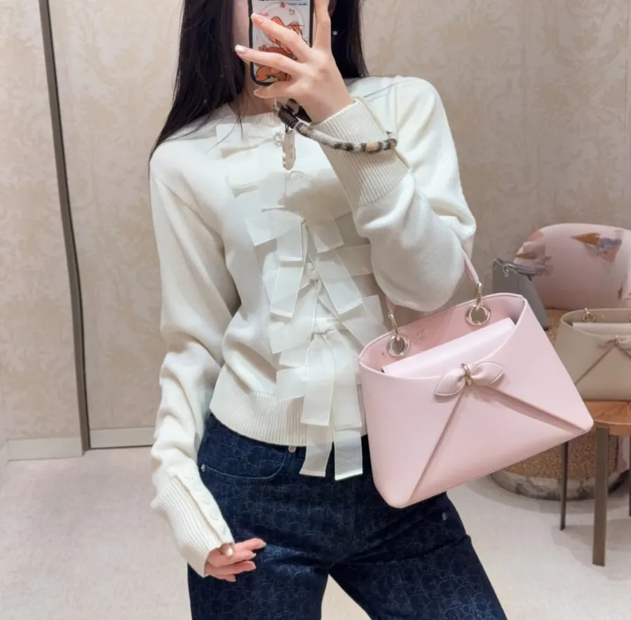Ivory Bow-Appliqué Crew-Neck Knit Sweater in Off-White, product view 02
