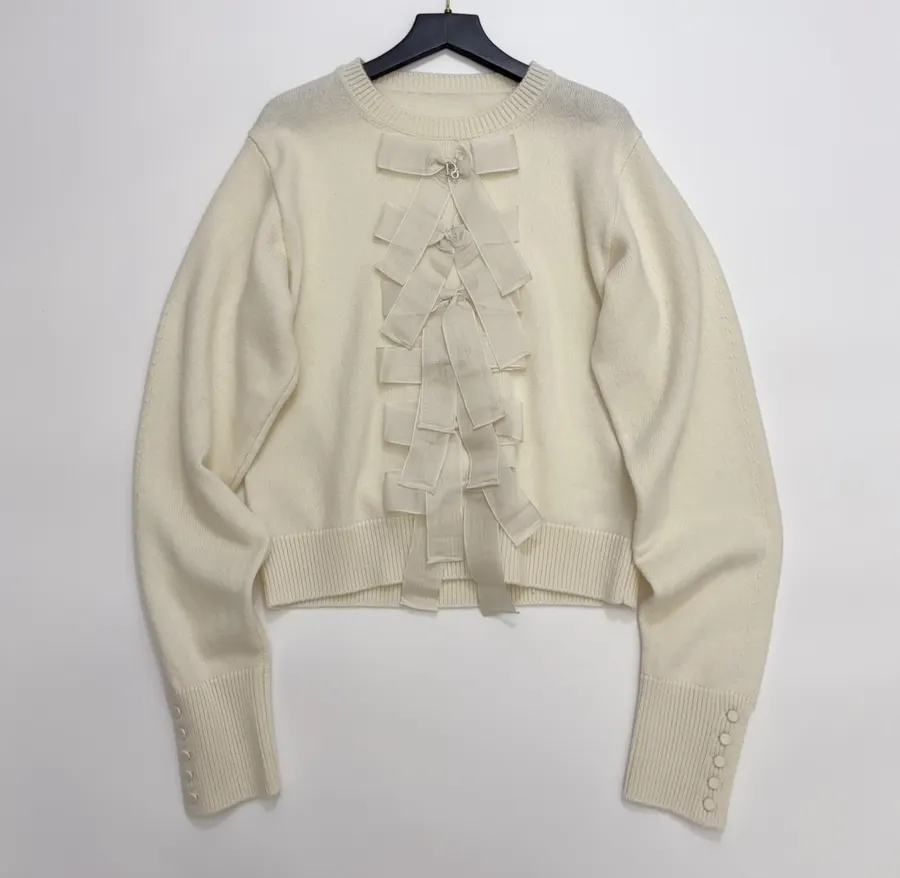 Ivory Bow-Appliqué Crew-Neck Knit Sweater in Off-White, product view 03