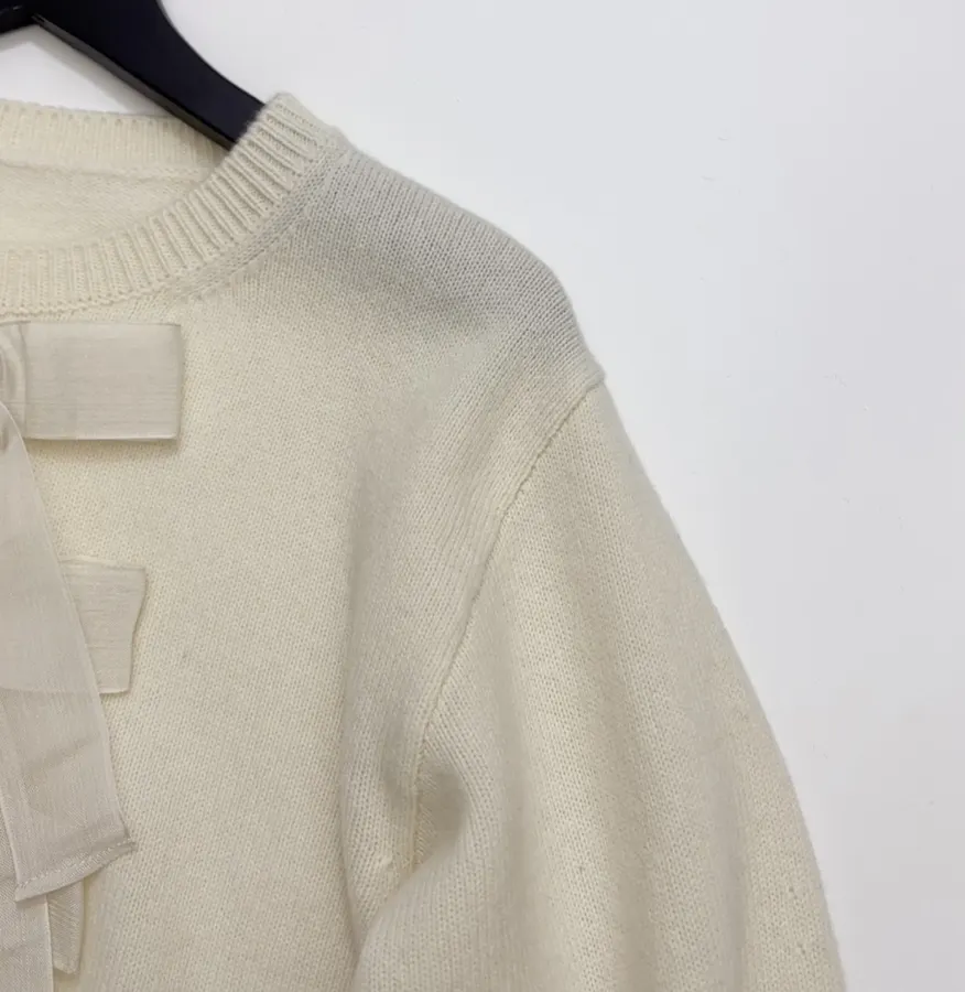 Ivory Bow-Appliqué Crew-Neck Knit Sweater in Off-White, product view 05