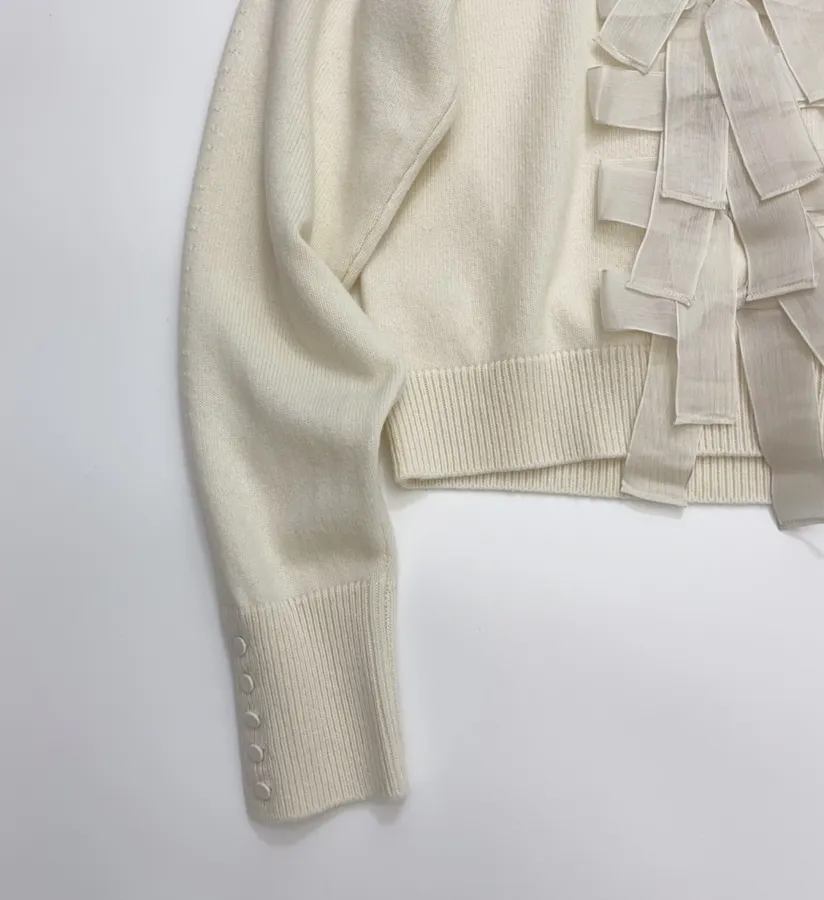 Ivory Bow-Appliqué Crew-Neck Knit Sweater in Off-White, product view 12