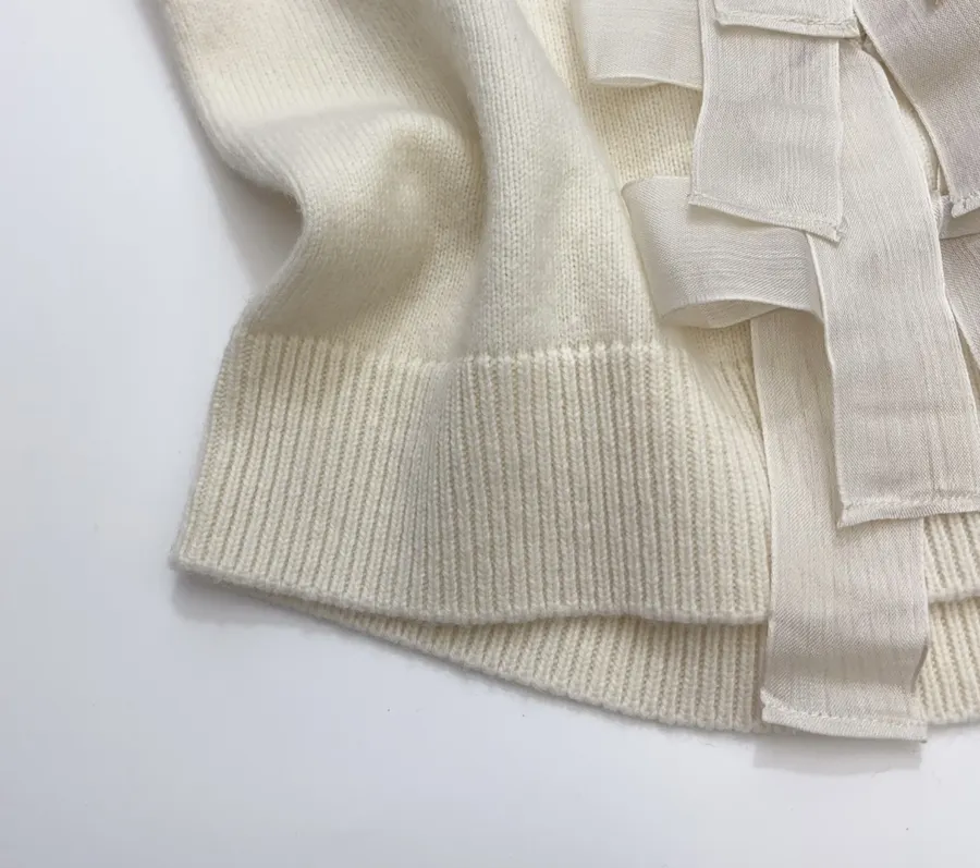 Ivory Bow-Appliqué Crew-Neck Knit Sweater in Off-White, product view 13