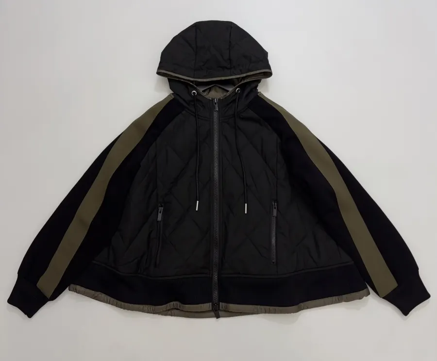 Niche Industrial Patchwork Quilted Hooded Color-Block Jacket, Outerwear in Black and Olive, product view 01