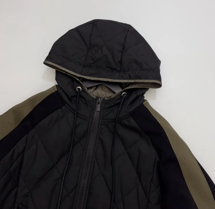 Niche Industrial Patchwork Quilted Hooded Color-Block Jacket, Outerwear in Black and Olive, product view 02