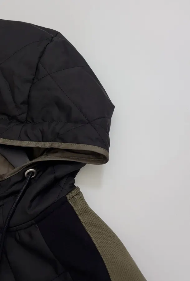 Niche Industrial Patchwork Quilted Hooded Color-Block Jacket, Outerwear in Black and Olive, product view 03