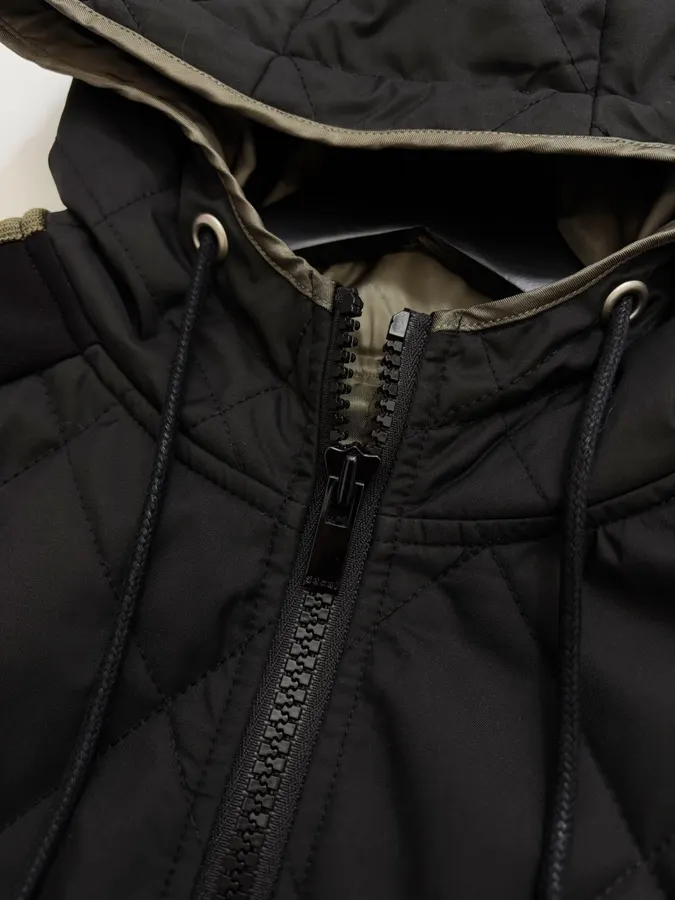 Niche Industrial Patchwork Quilted Hooded Color-Block Jacket, Outerwear in Black and Olive, product view 04