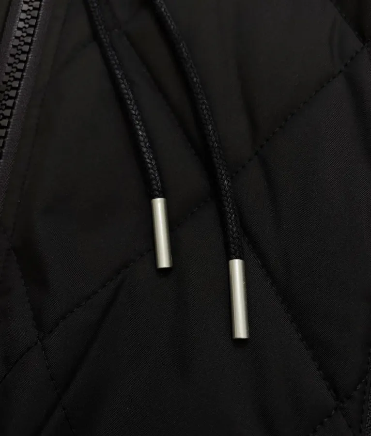 Niche Industrial Patchwork Quilted Hooded Color-Block Jacket, Outerwear in Black and Olive, product view 05