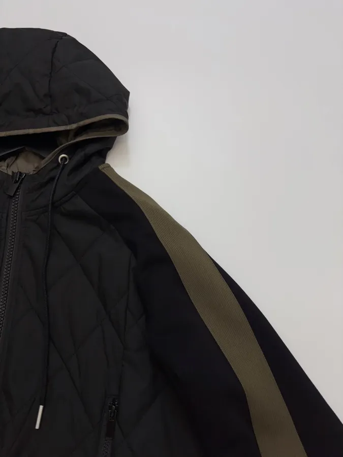 Niche Industrial Patchwork Quilted Hooded Color-Block Jacket, Outerwear in Black and Olive, product view 06