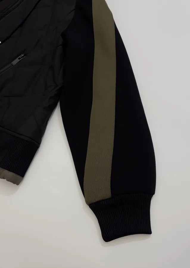 Niche Industrial Patchwork Quilted Hooded Color-Block Jacket, Outerwear in Black and Olive, product view 07