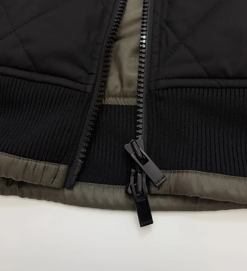 Niche Industrial Patchwork Quilted Hooded Color-Block Jacket, Outerwear in Black and Olive, product view 15
