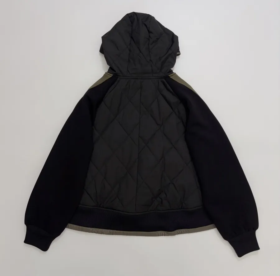 Niche Industrial Patchwork Quilted Hooded Color-Block Jacket, Outerwear in Black and Olive, product view 17