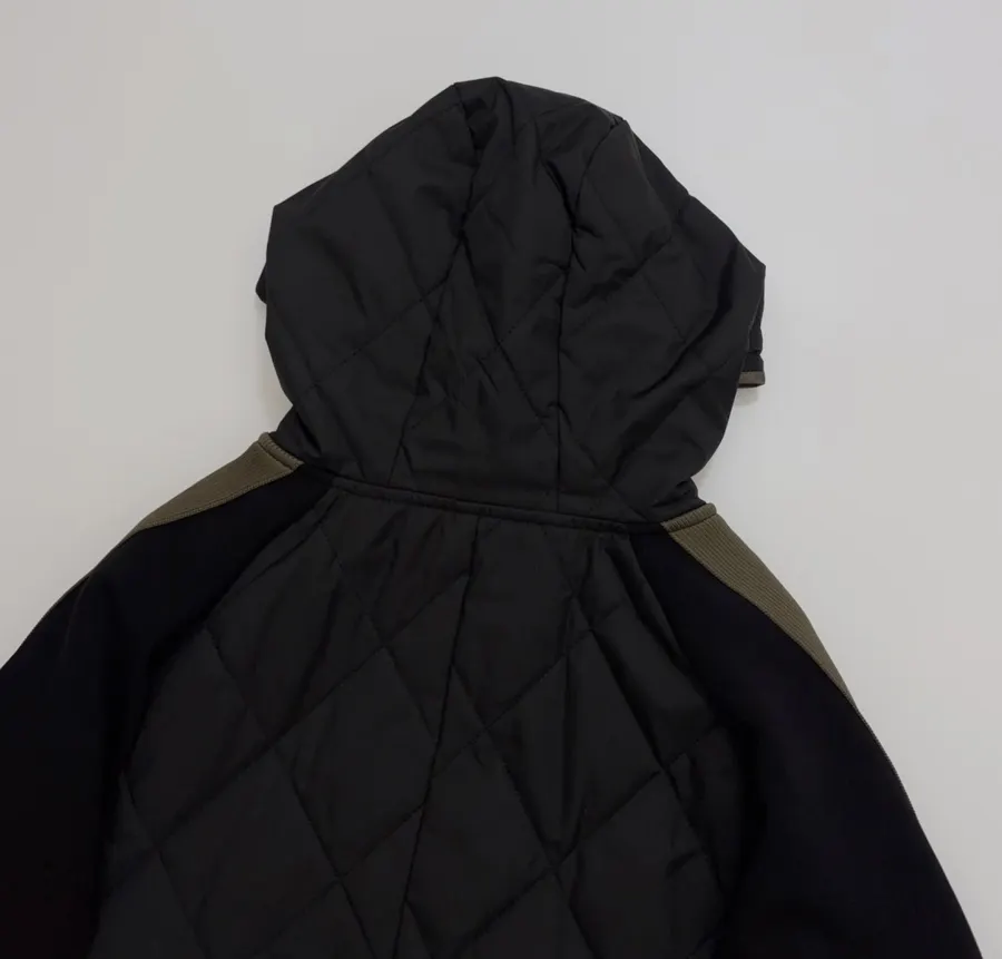 Niche Industrial Patchwork Quilted Hooded Color-Block Jacket, Outerwear in Black and Olive, product view 18