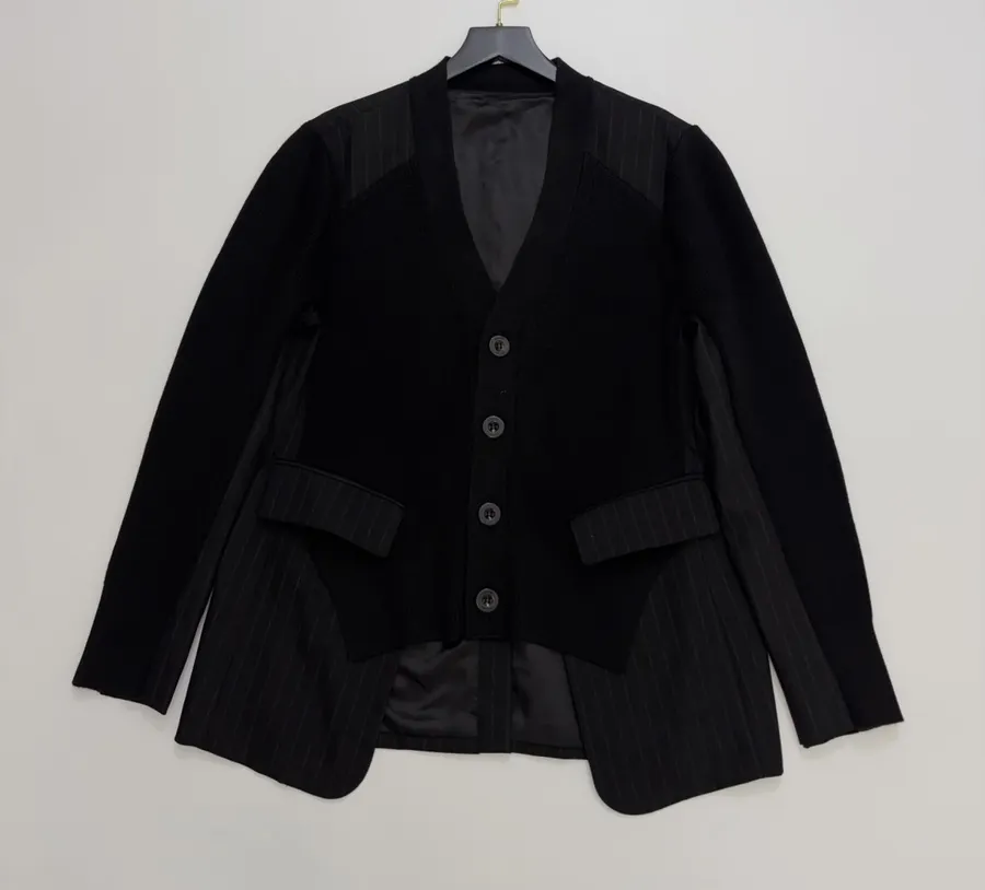 Knitted Patchwork Striped Suit Jacket, Outerwear in Black, product view 01