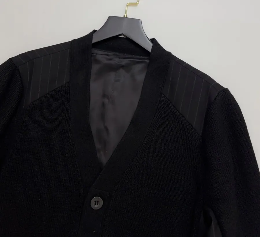 Knitted Patchwork Striped Suit Jacket, Outerwear in Black, product view 02