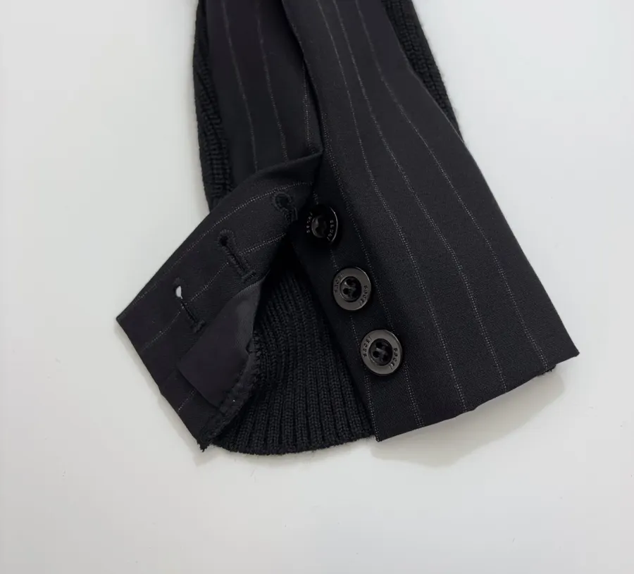Knitted Patchwork Striped Suit Jacket, Outerwear in Black, product view 07