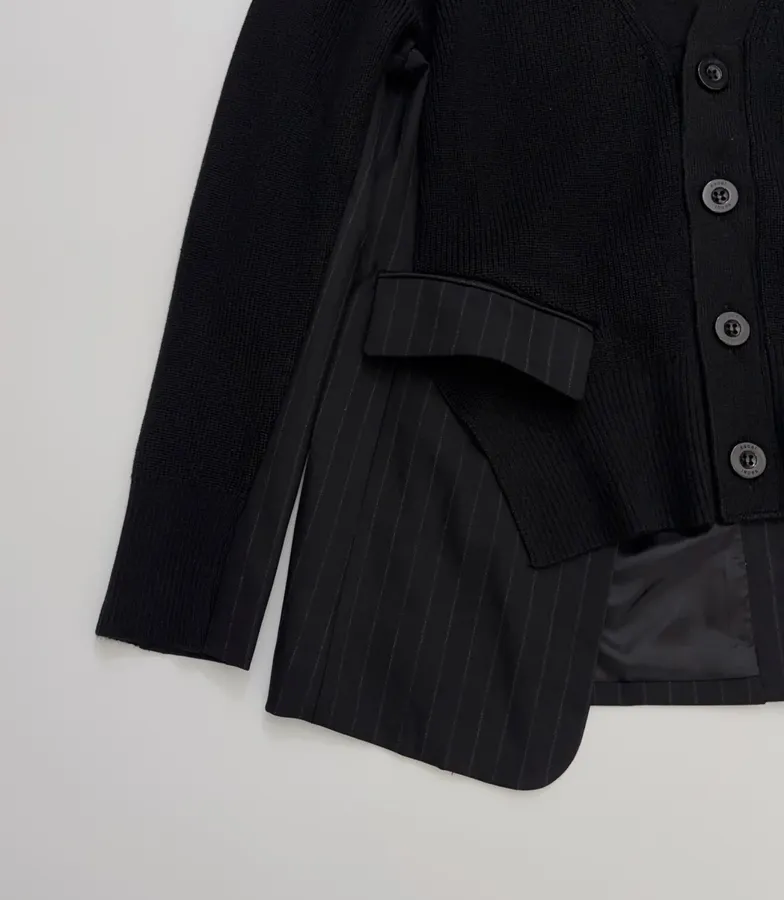 Knitted Patchwork Striped Suit Jacket, Outerwear in Black, product view 08