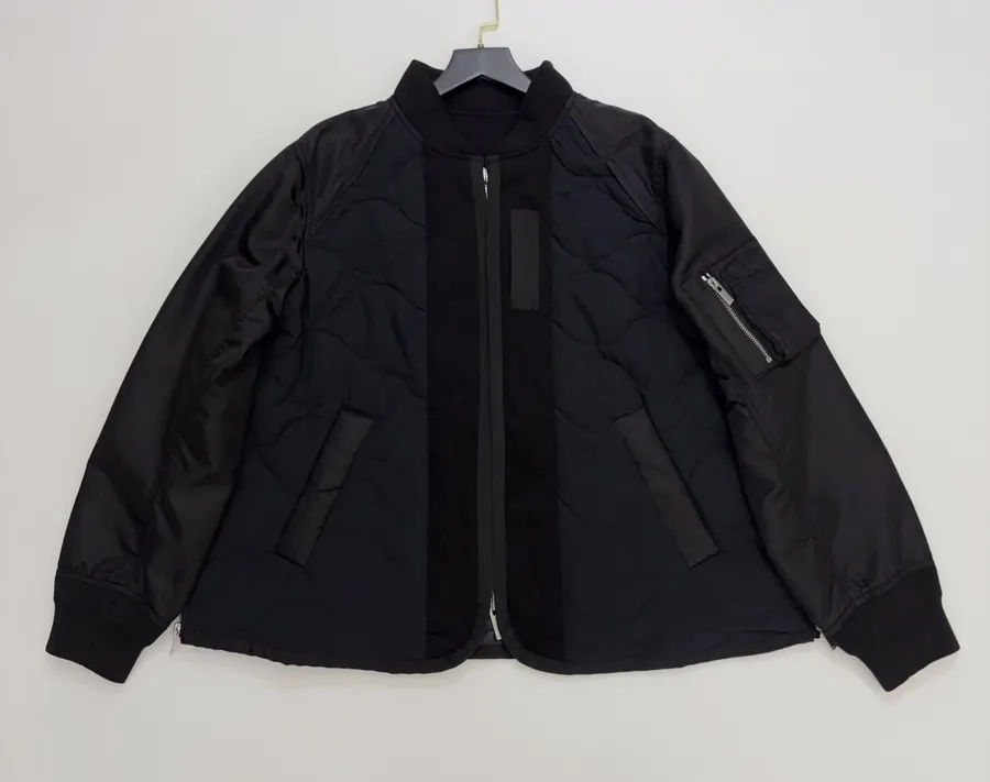 Industrial Patchwork Quilted Double-Sided Zipper Stand-Collar Jacket, Outerwear in Black, product view 01