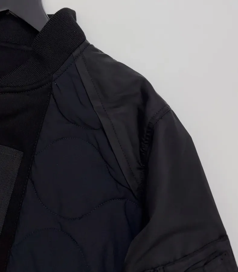 Industrial Patchwork Quilted Double-Sided Zipper Stand-Collar Jacket, Outerwear in Black, product view 03