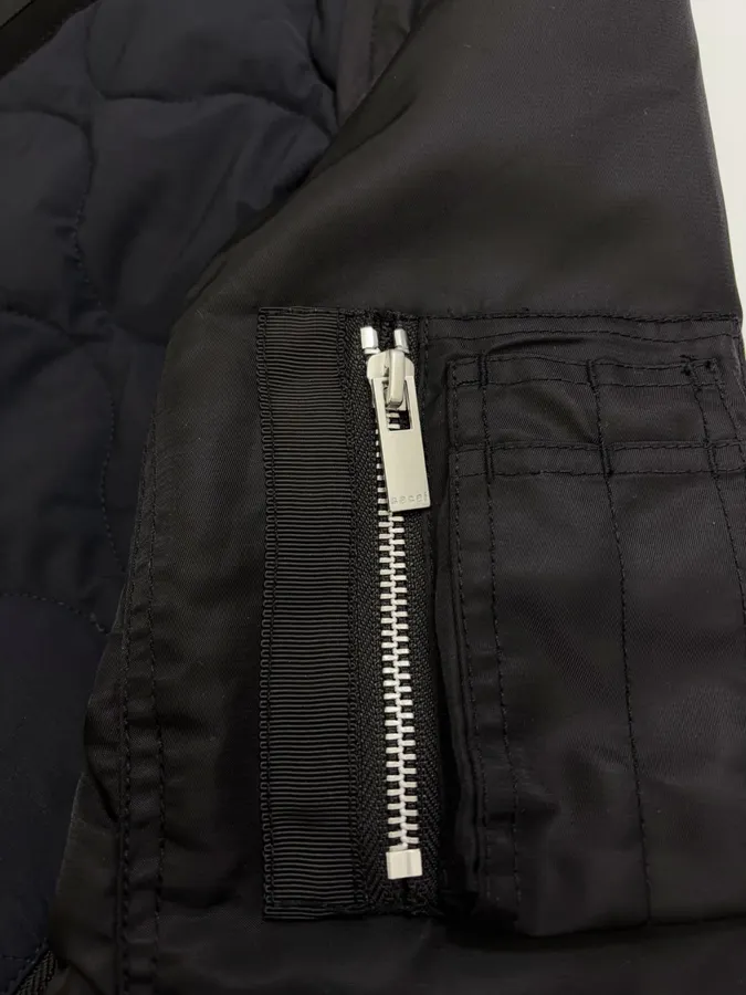 Industrial Patchwork Quilted Double-Sided Zipper Stand-Collar Jacket, Outerwear in Black, product view 05